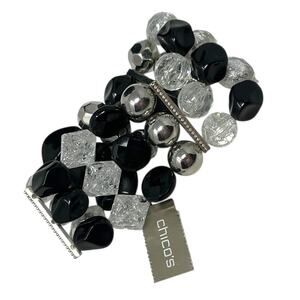 Chico’s Black Silver Stretch Bracelet Stack Set Crackle Crystal Bead Layered NWT